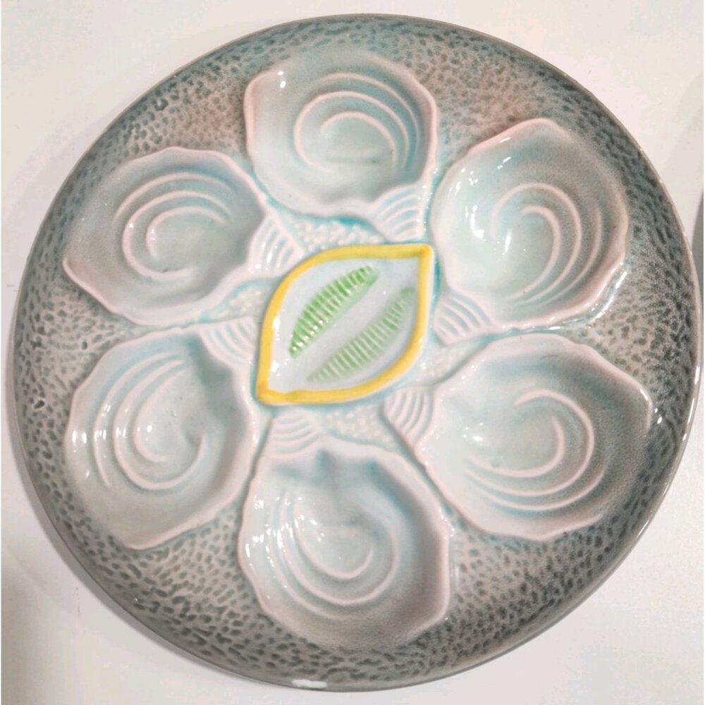 2 Vintage MCM Majolica Pottery Lemon Wedge Oyster Plates 1950-70's Japan READ - Picture 2 of 13
